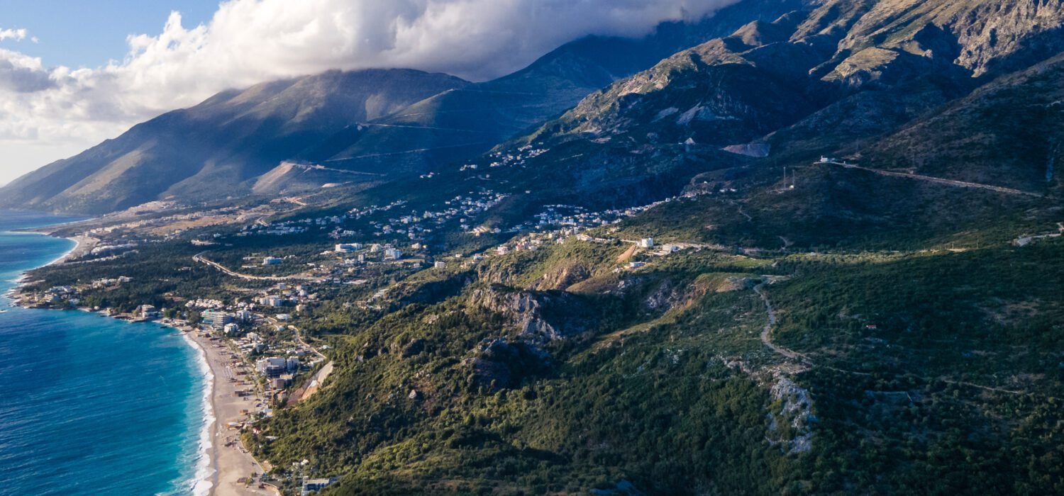 Drone picture of the Albanian Riviera with dark clouds approaching