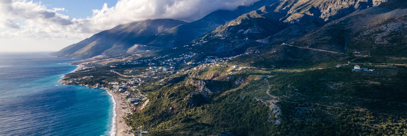 Drone picture of the Albanian Riviera with dark clouds approaching